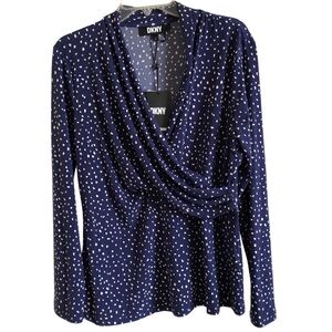 DKNY Navy Drape Neck Blouse with White Dots